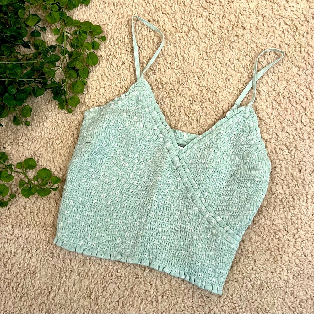 hollister mint green floral smocked cropped cami top